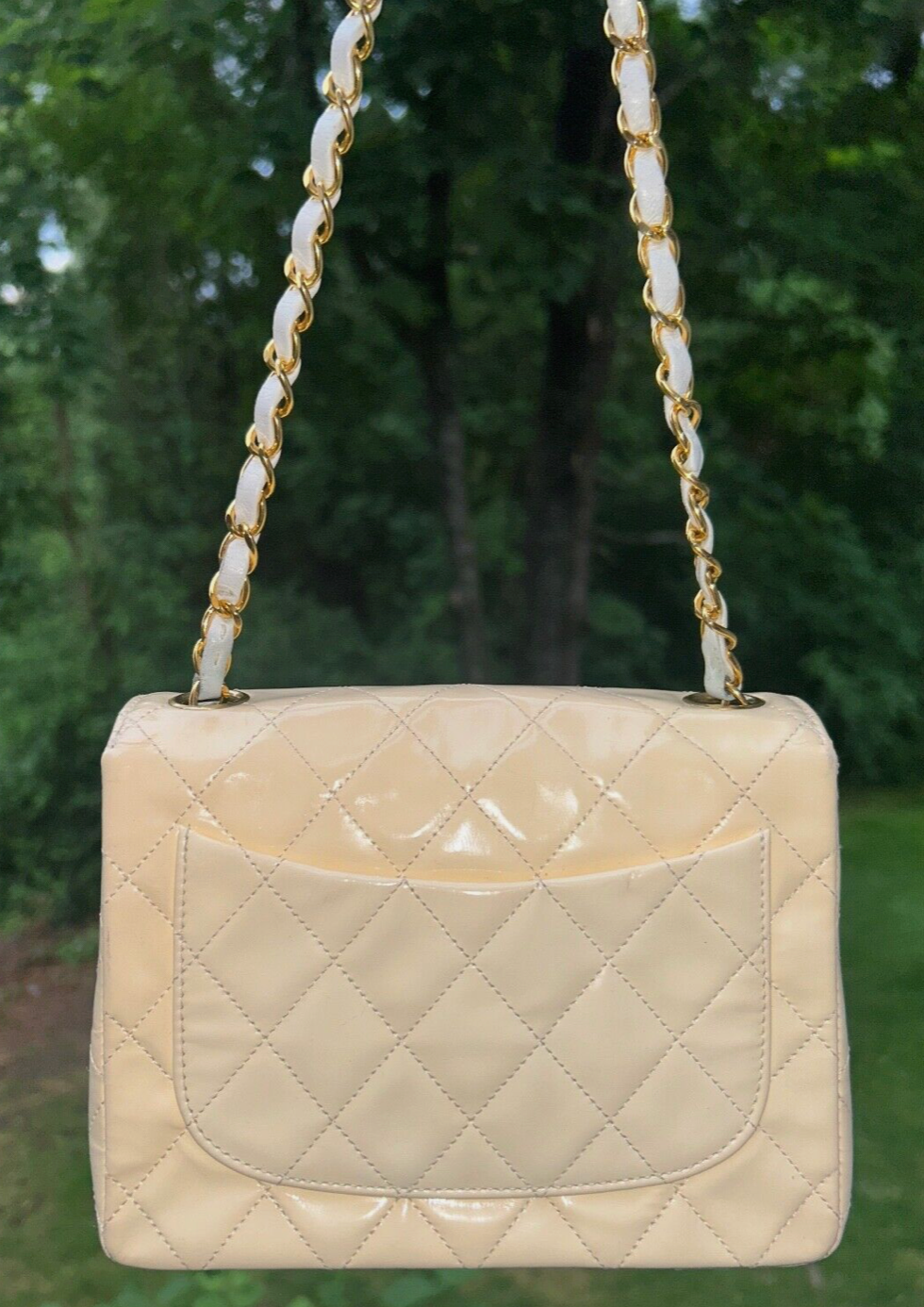 CHANEL Classic CC Half Flap Mini Quilted Patent Leather Crossbody Bag Cream