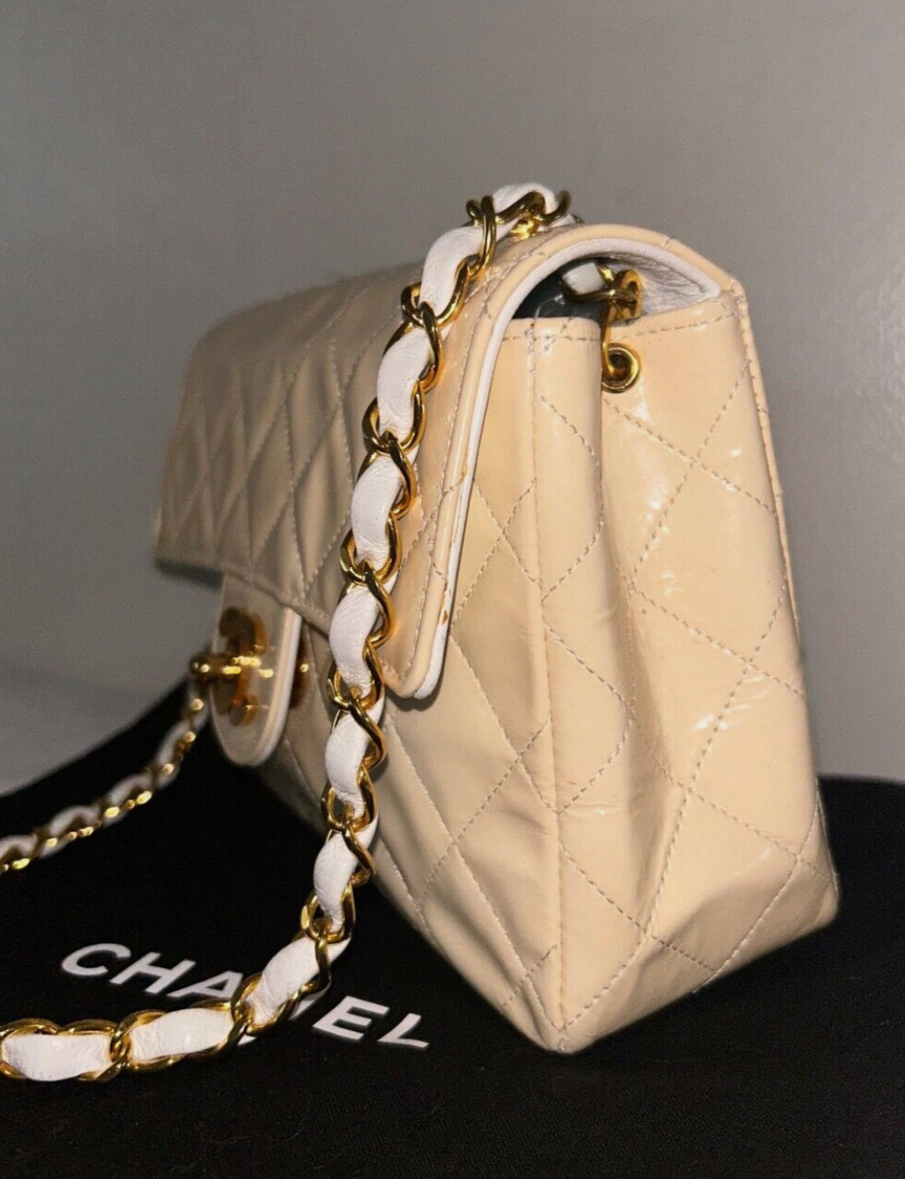 CHANEL Classic CC Half Flap Mini Quilted Patent Leather Crossbody Bag Cream