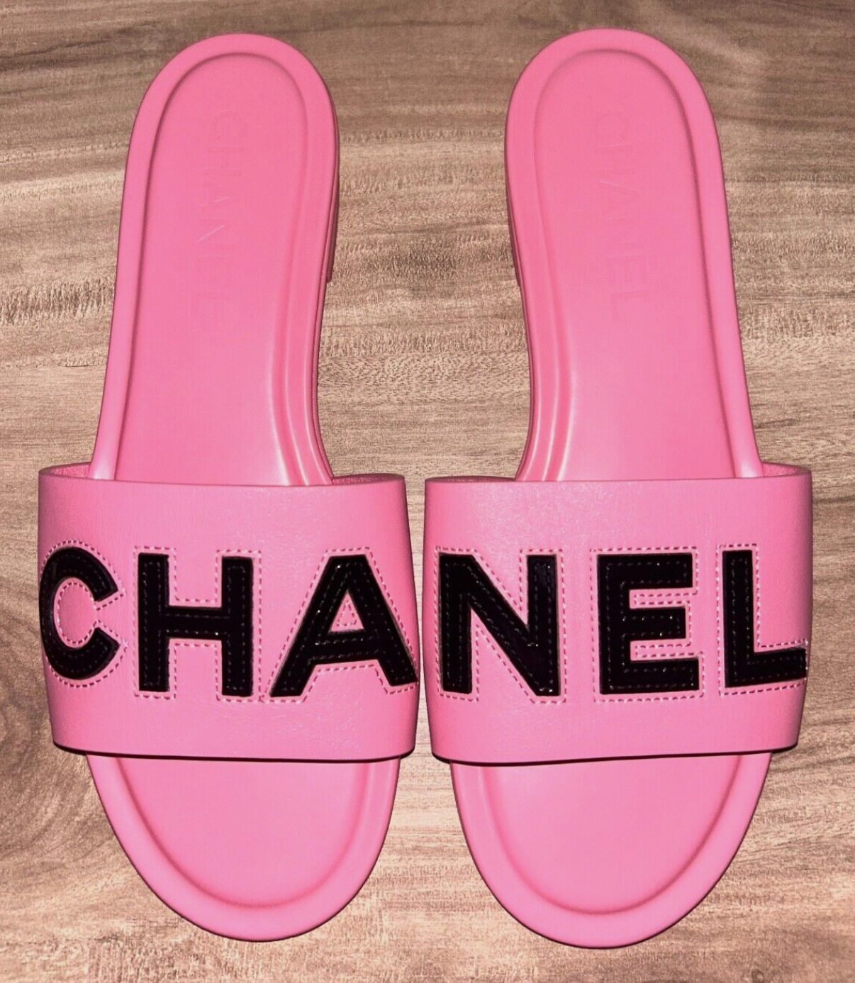 CHANEL 23S ‘CHA NEL’ Logo Leather Mules Sandal Pink Size 39