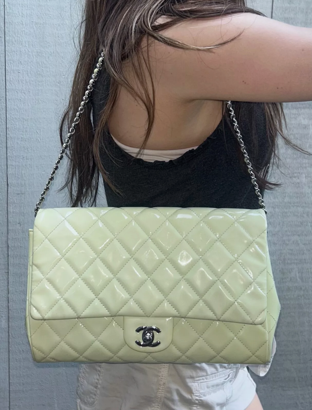 CHANEL Classic Quilted Flap Shoulder Bag Patent Leather Pastel Mint