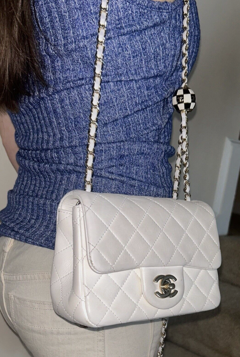 CHANEL 23C Pearl Crush Mini Square Flap Bag Quilted Lambskin White / Light Gold