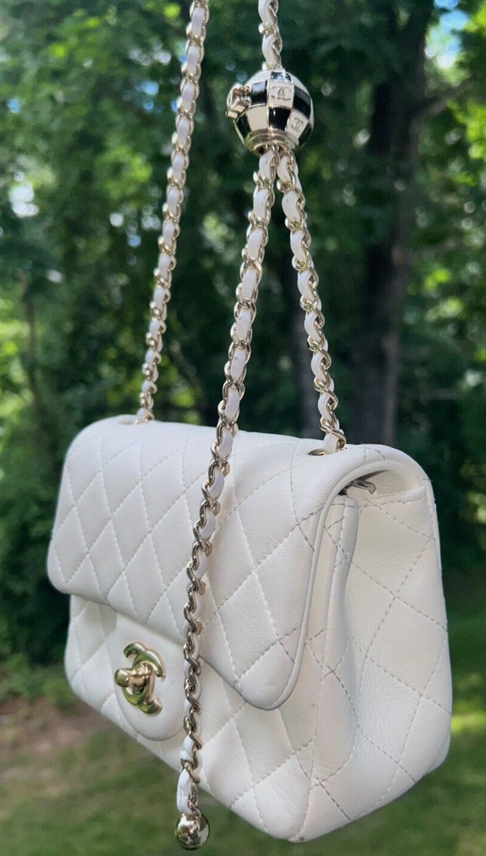 CHANEL 23C Pearl Crush Mini Square Flap Bag Quilted Lambskin White / Light Gold