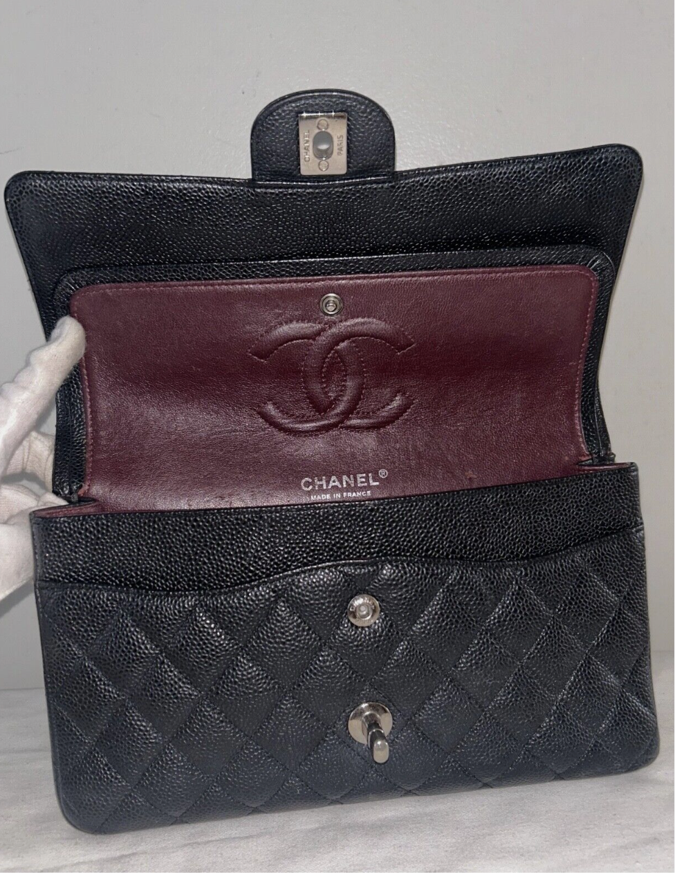 CHANEL Classic Medium Double Flap Quilted Caviar Handbag Black