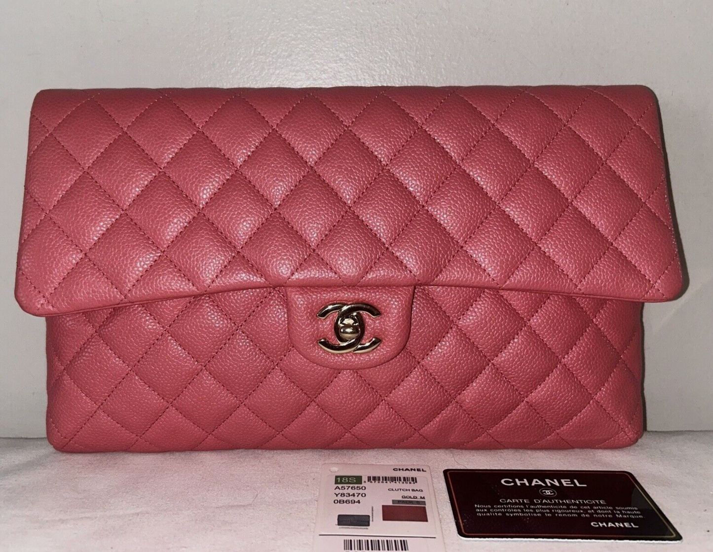 CHANEL Classic Flap Clutch Quilted Caviar Pink / Gold Hardware