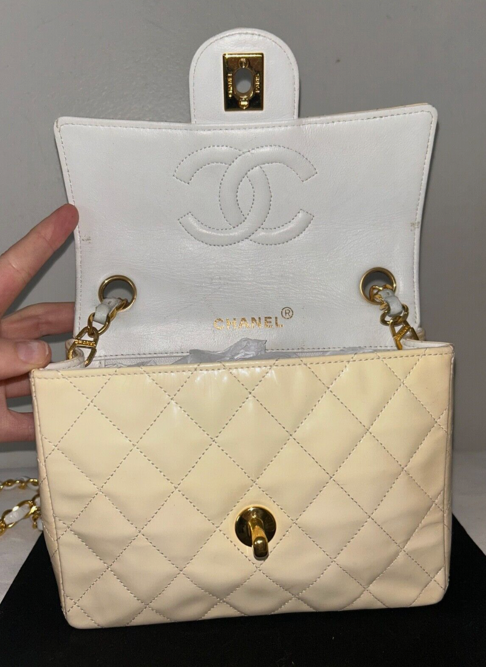 CHANEL Classic CC Half Flap Mini Quilted Patent Leather Crossbody Bag Cream