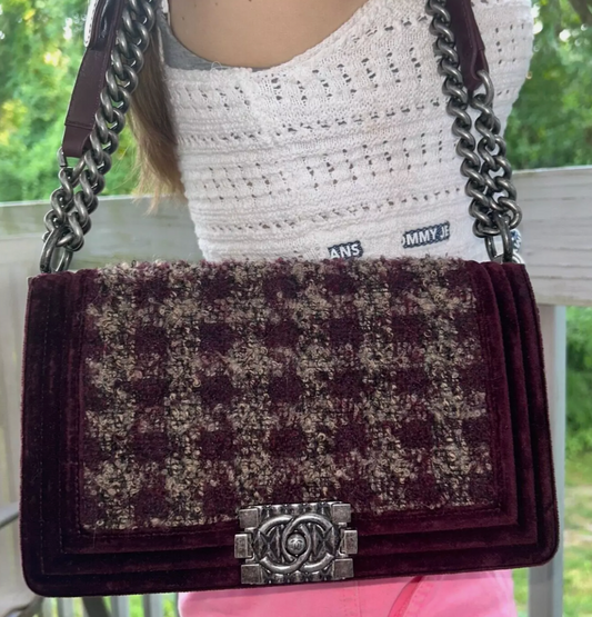 CHANEL Medium Tweed & Velvet Flap Boy Bag Bordeaux