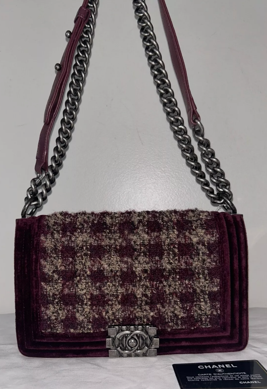 CHANEL Medium Tweed & Velvet Flap Boy Bag Bordeaux