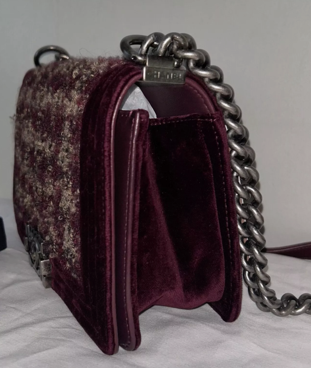 CHANEL Medium Tweed & Velvet Flap Boy Bag Bordeaux