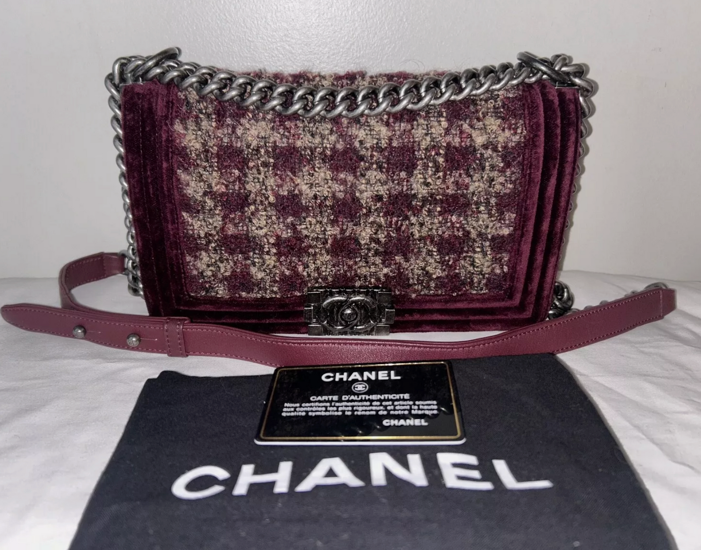 CHANEL Medium Tweed & Velvet Flap Boy Bag Bordeaux