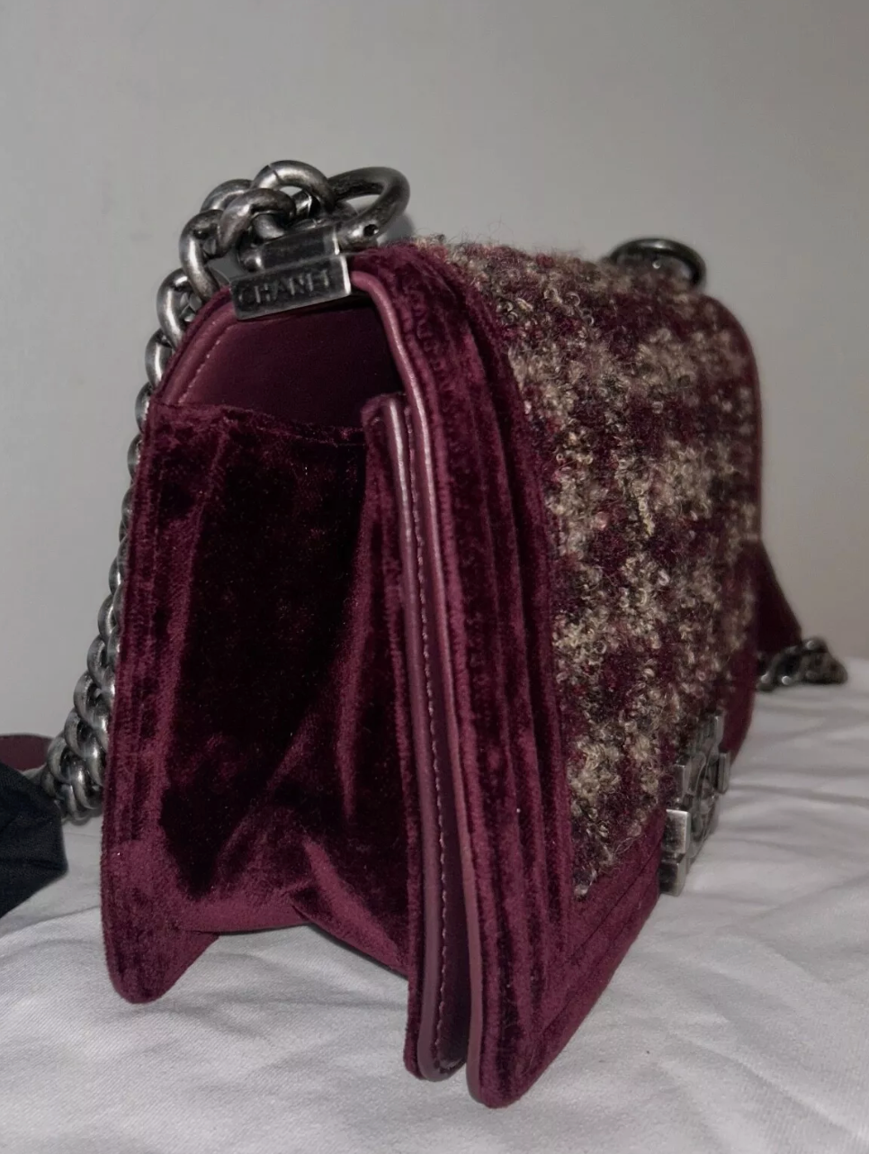 CHANEL Medium Tweed & Velvet Flap Boy Bag Bordeaux