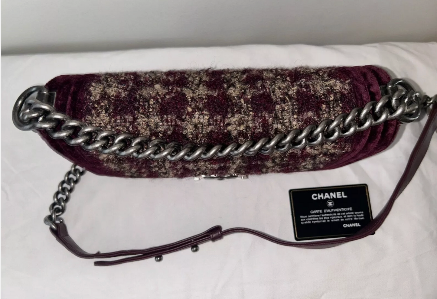 CHANEL Medium Tweed & Velvet Flap Boy Bag Bordeaux