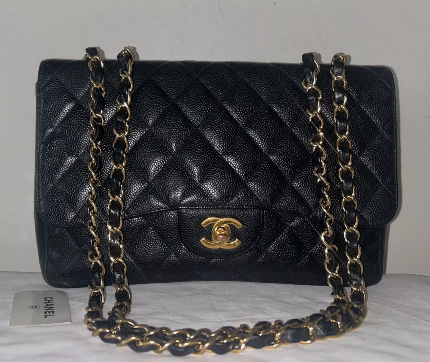 CHANEL Classic Jumbo Quilted Caviar Leather Handbag Black/Gold