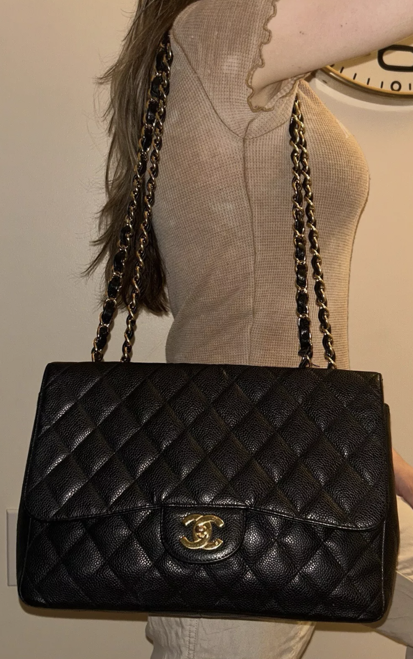 CHANEL Classic Jumbo Quilted Caviar Leather Handbag Black/Gold