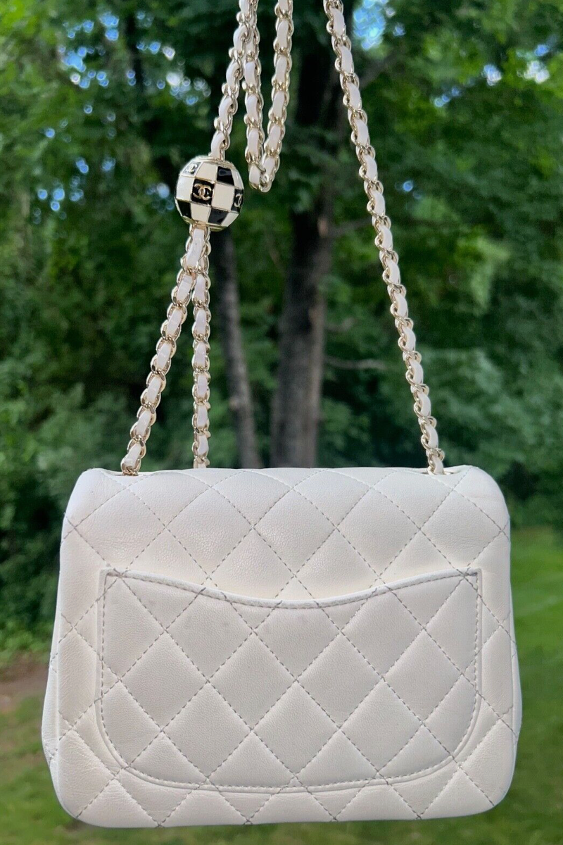 CHANEL 23C Pearl Crush Mini Square Flap Bag Quilted Lambskin White / Light Gold