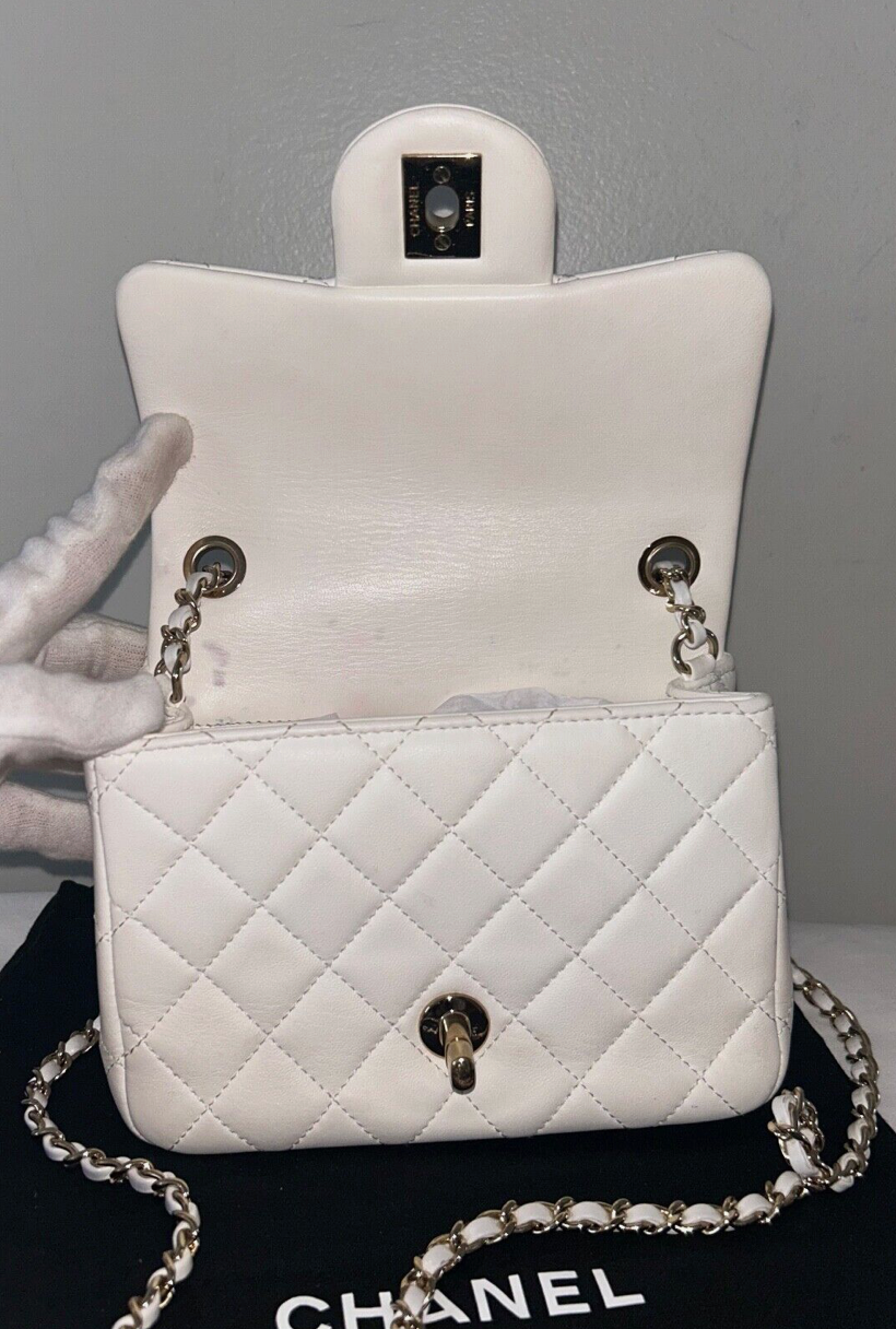 CHANEL 23C Pearl Crush Mini Square Flap Bag Quilted Lambskin White / Light Gold