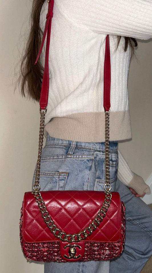 CHANEL Classic Small Tweed Lambskin Quilted Flap Crossbody Bag Red/Gold