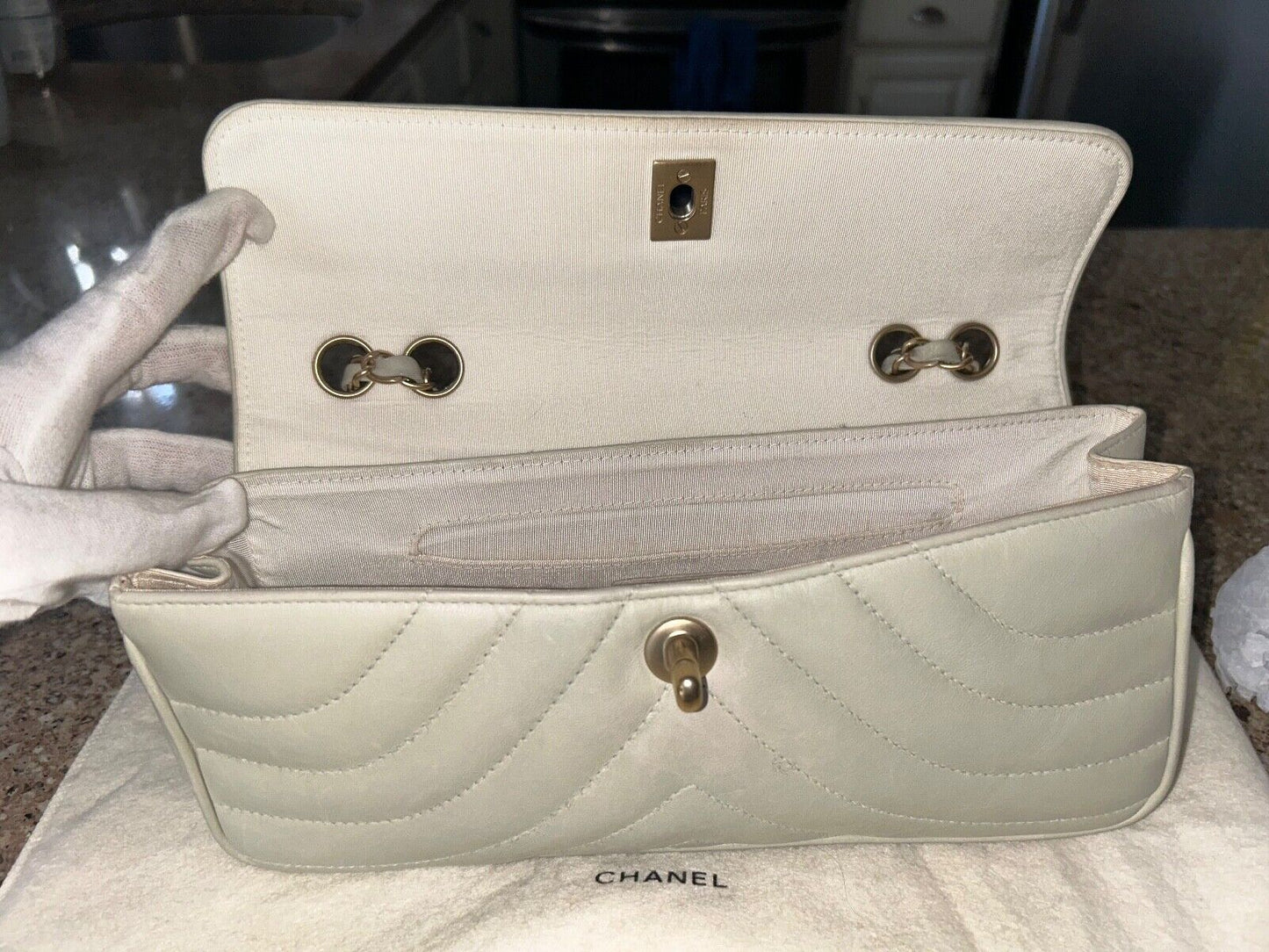 CHANEL Classic Chevron Leather Single Flap Medium Shoulder Bag Mint Green/Gold