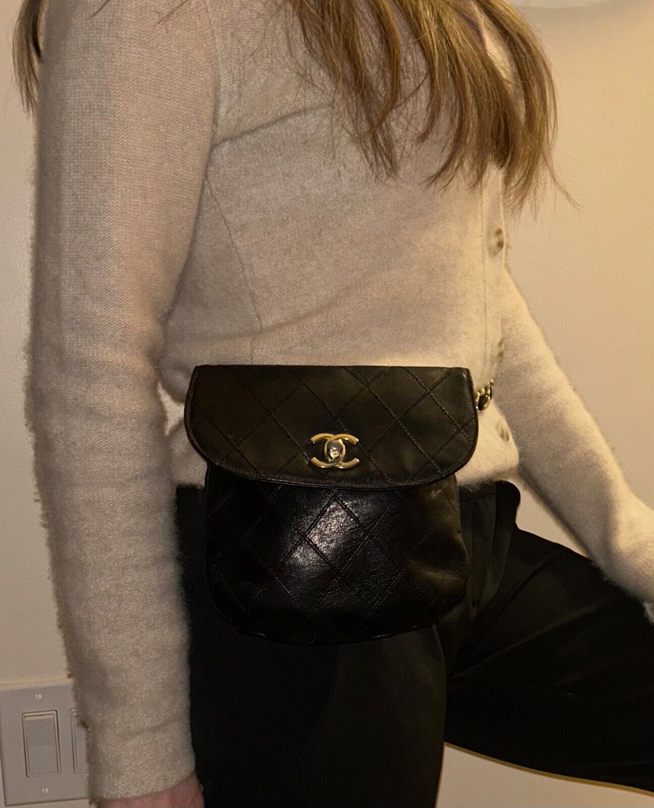 CHANEL CC Quilted Lambskin Chain Waist Flap Belt & Shoulder Bag Black/Gold