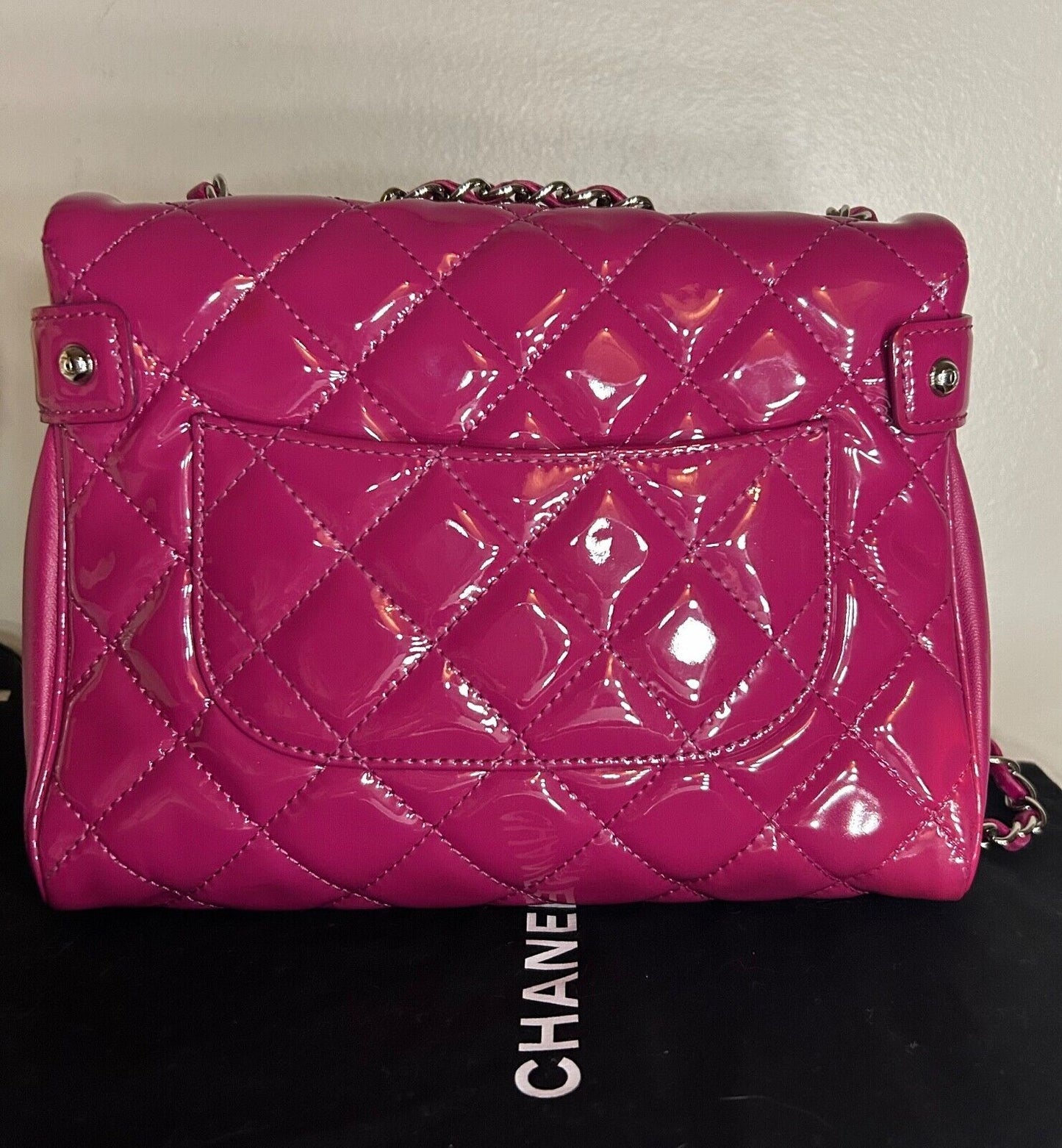 CHANEL Classic CC Crossbody Flap Bag Quilted Patent Leather Fuchsia Pink