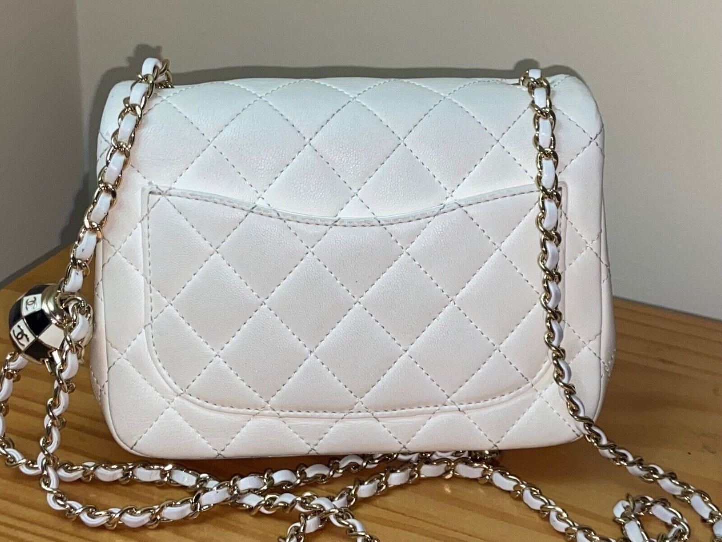 CHANEL 23C Pearl Crush Mini Square Flap Bag Quilted Lambskin White / Light Gold