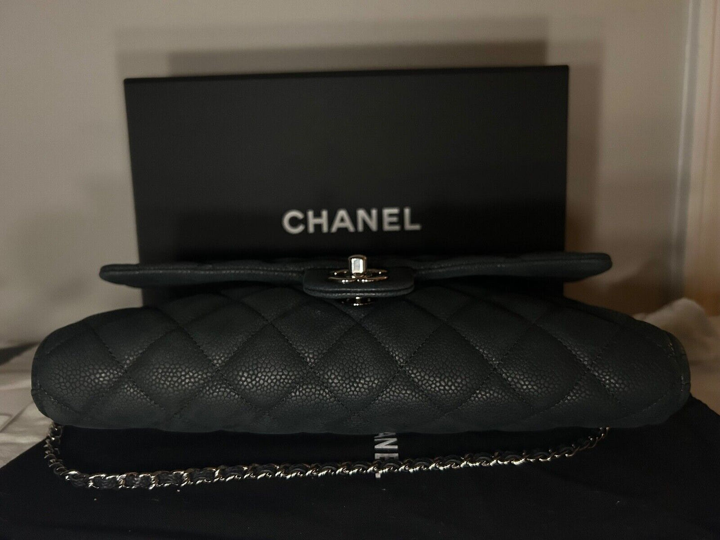 CHANEL Classic CC Quilted Single Flap Shoulder Bag Caviar Leather Black