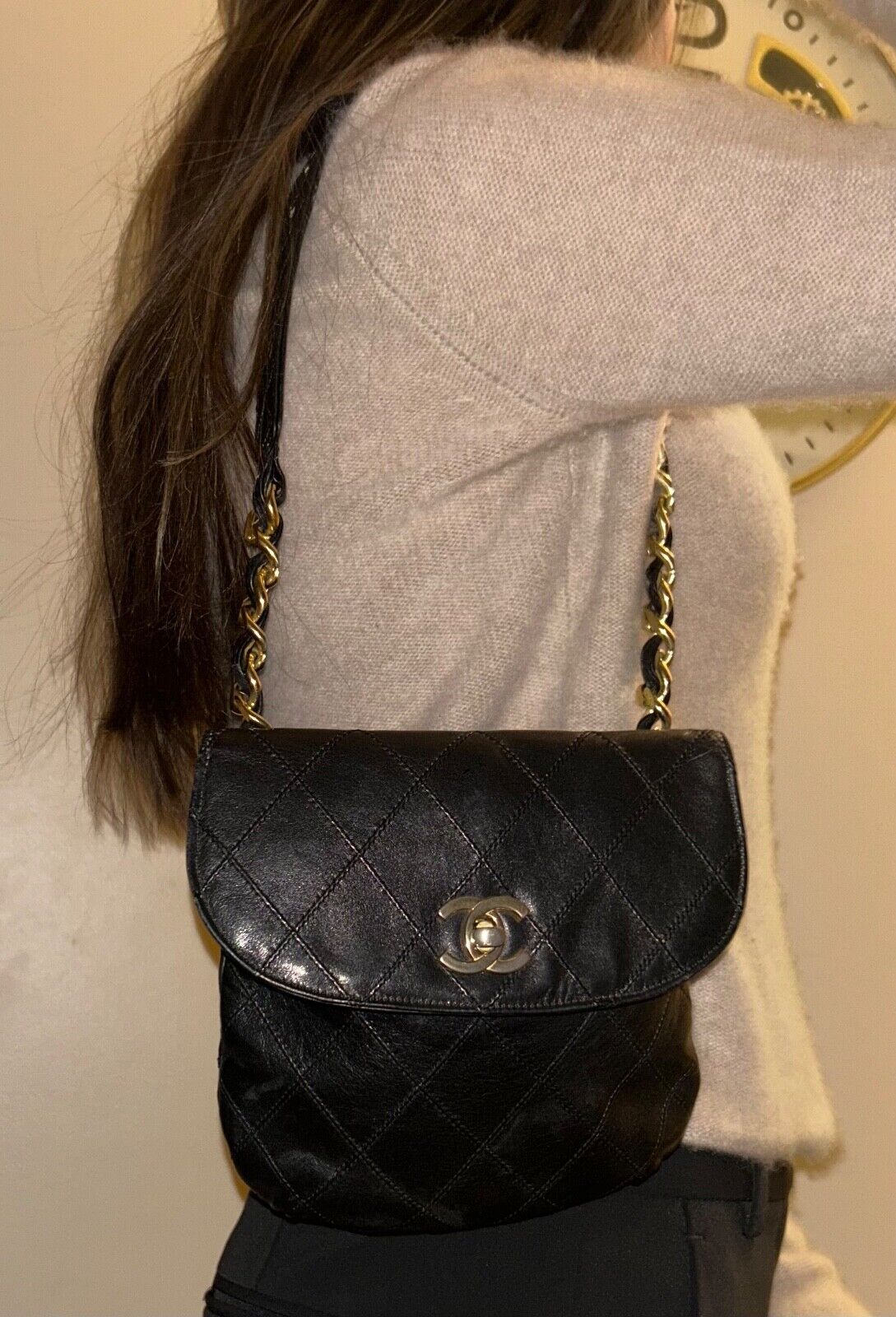 CHANEL CC Quilted Lambskin Chain Waist Flap Belt & Shoulder Bag Black/Gold