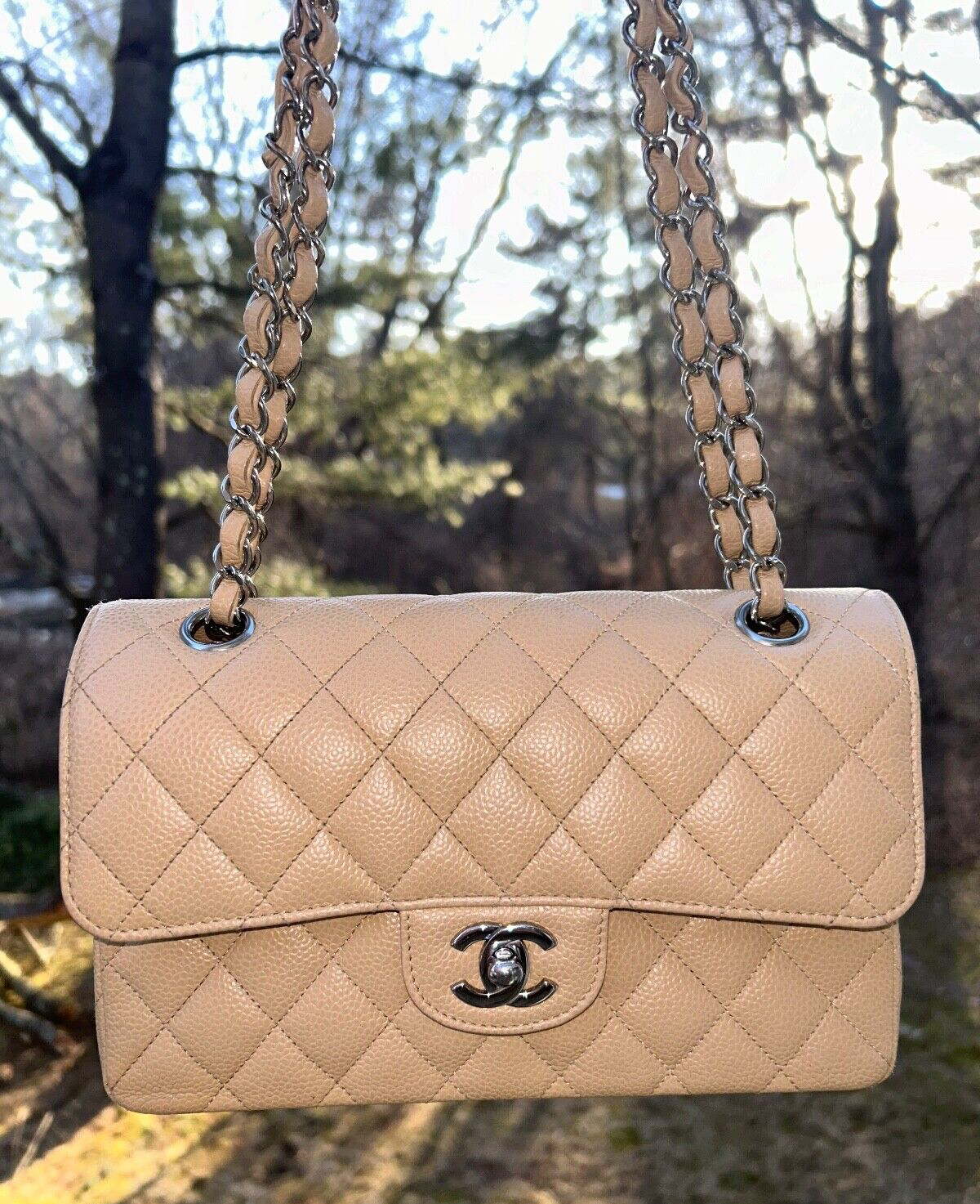 CHANEL Classic Small Double Flap Quilted Caviar Leather Handbag Beige Clair 2022