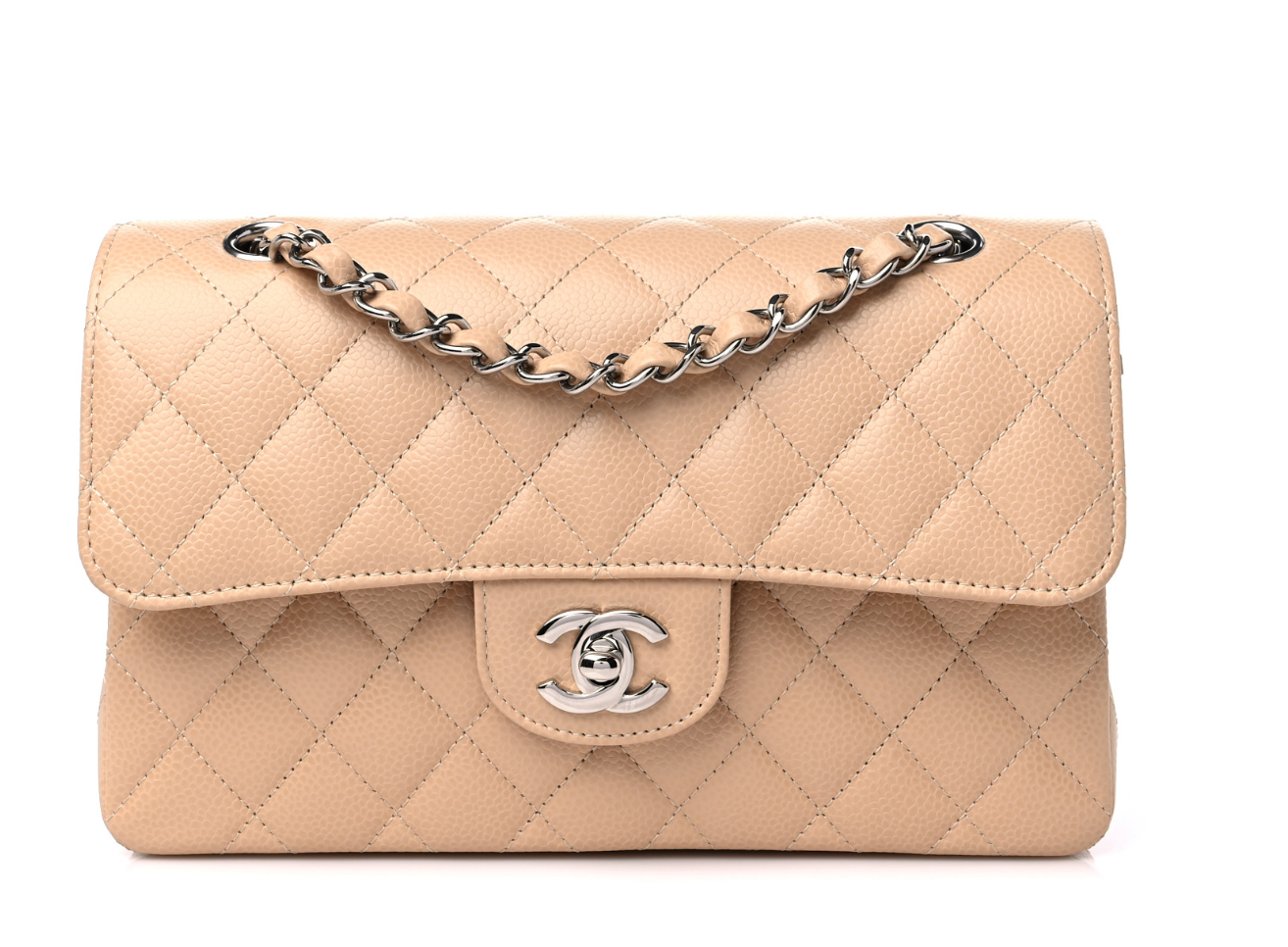 CHANEL Classic Small Double Flap Quilted Caviar Leather Handbag Beige Clair 2022