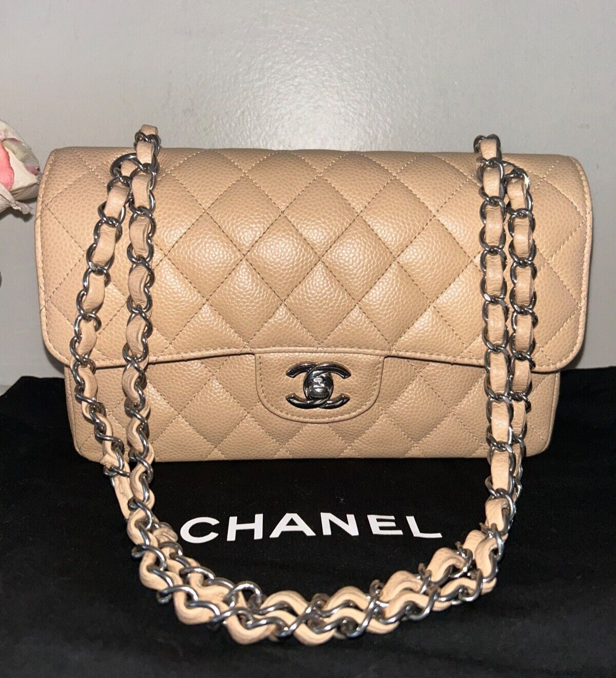 CHANEL Classic Small Double Flap Quilted Caviar Leather Handbag Beige Clair 2022