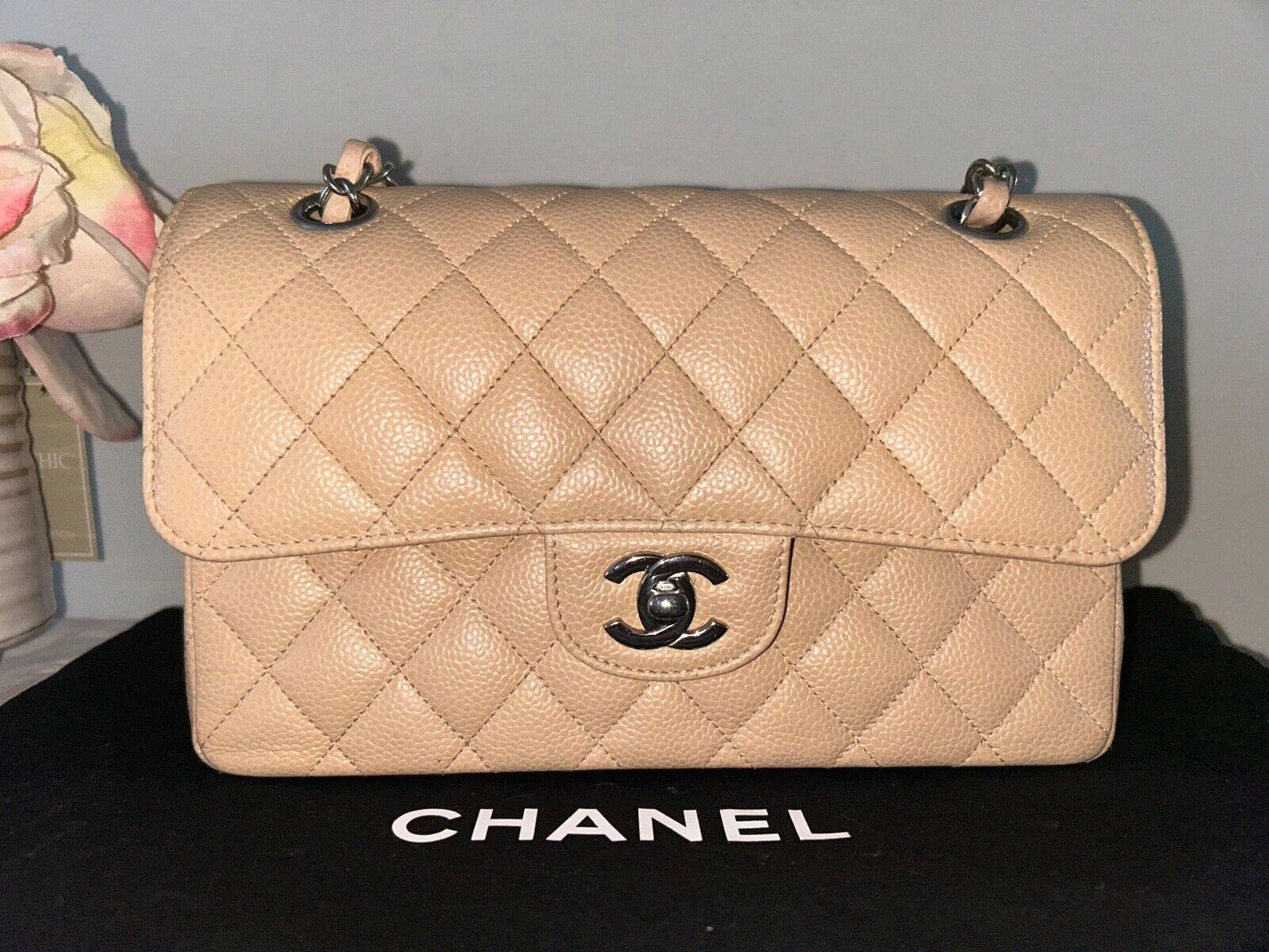 CHANEL Classic Small Double Flap Quilted Caviar Leather Handbag Beige Clair 2022