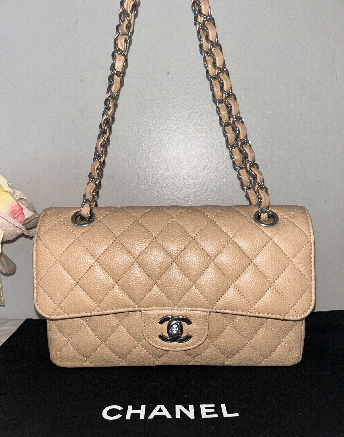 CHANEL Classic Small Double Flap Quilted Caviar Leather Handbag Beige Clair 2022