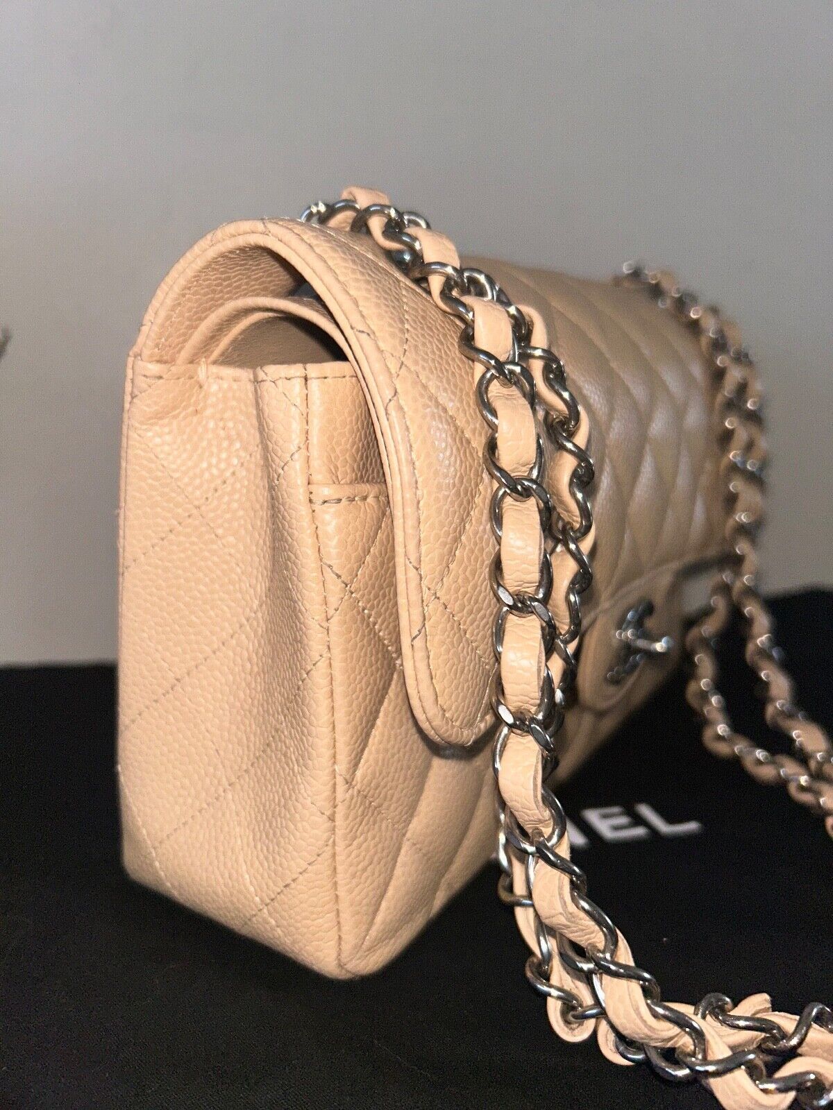 CHANEL Classic Small Double Flap Quilted Caviar Leather Handbag Beige Clair 2022