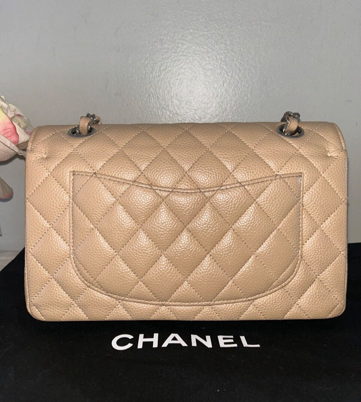 CHANEL Classic Small Double Flap Quilted Caviar Leather Handbag Beige Clair 2022