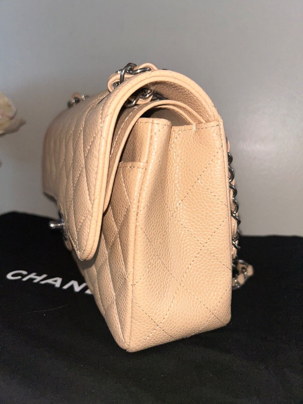 CHANEL Classic Small Double Flap Quilted Caviar Leather Handbag Beige Clair 2022