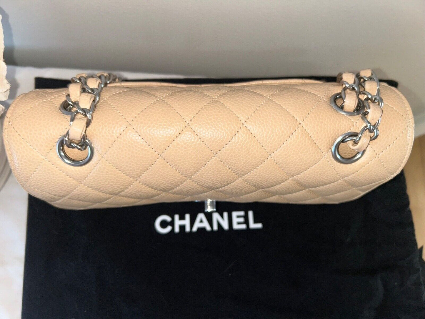 CHANEL Classic Small Double Flap Quilted Caviar Leather Handbag Beige Clair 2022