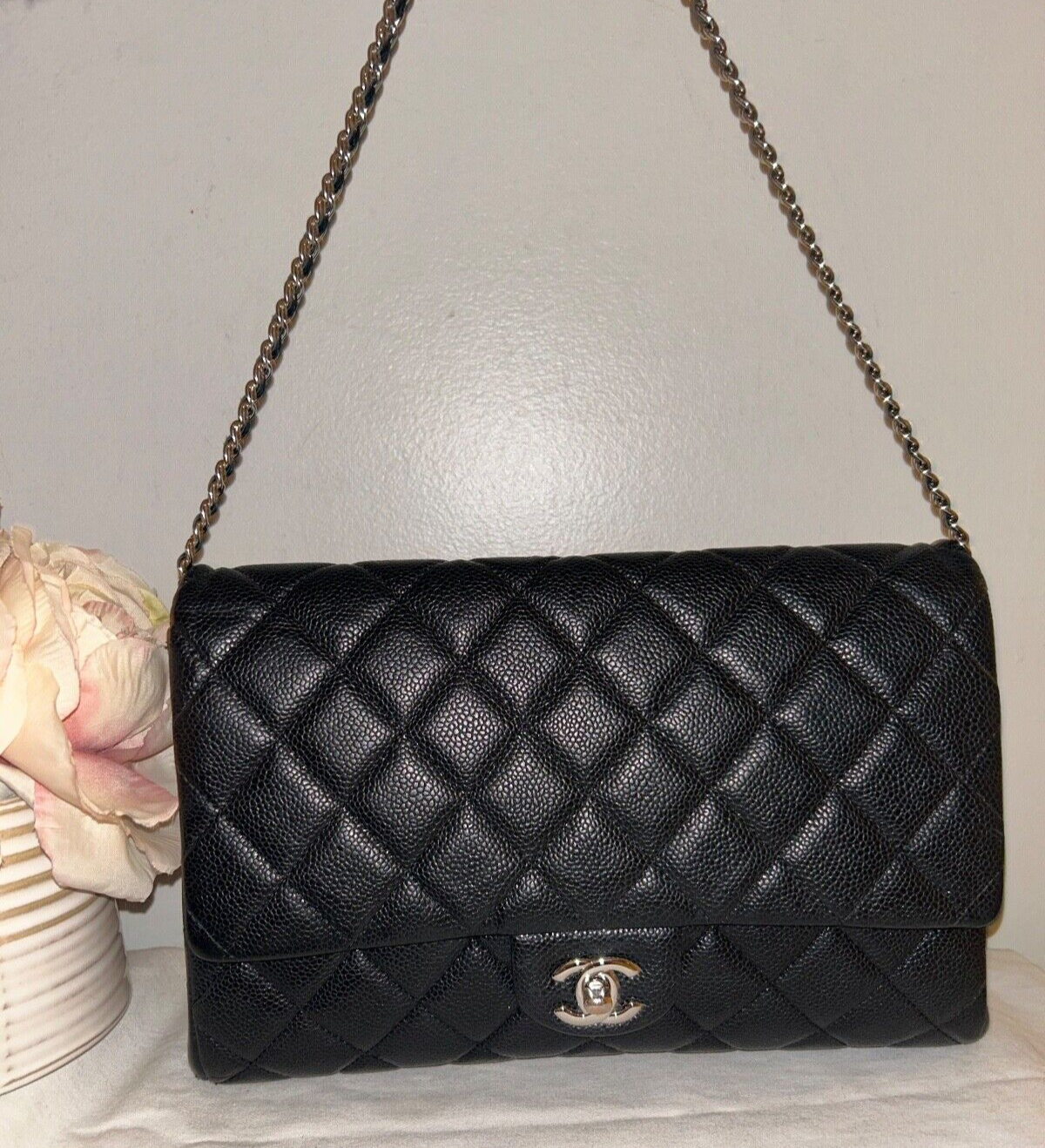 CHANEL Classic CC Quilted Single Flap Shoulder Bag Caviar Leather Black