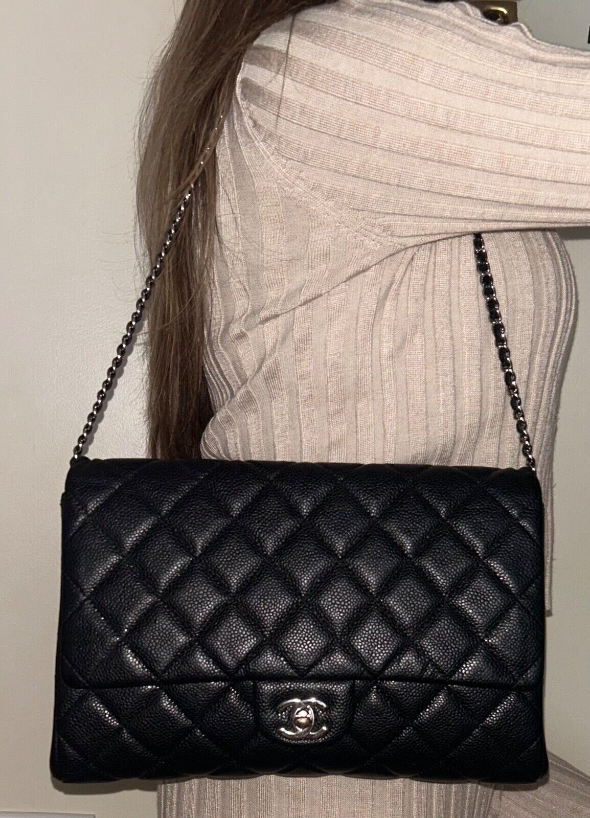 CHANEL Classic CC Quilted Single Flap Shoulder Bag Caviar Leather Black