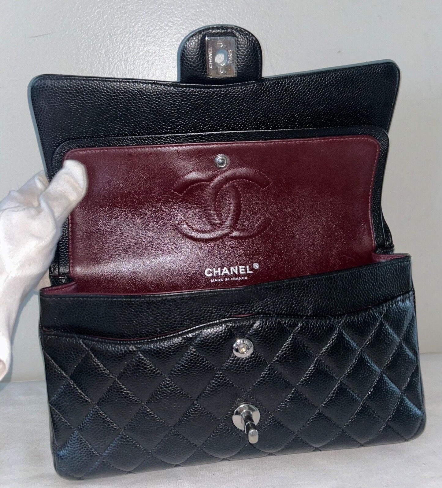 CHANEL Classic Medium Double Flap Quilted Caviar Handbag Black