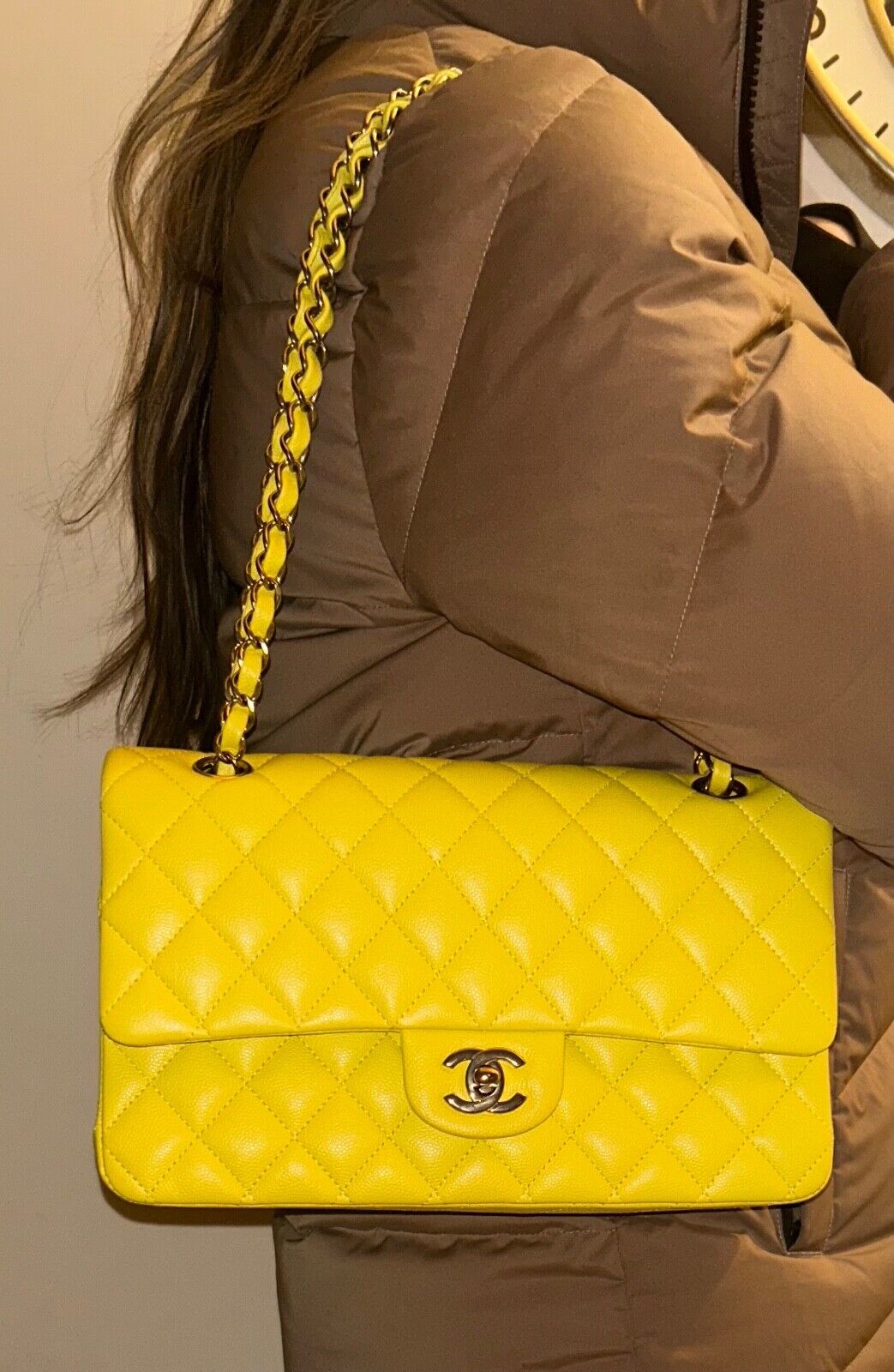 CHANEL 23C Medium Classic Double Flap Caviar Leather Handbag Yellow/Light Gold