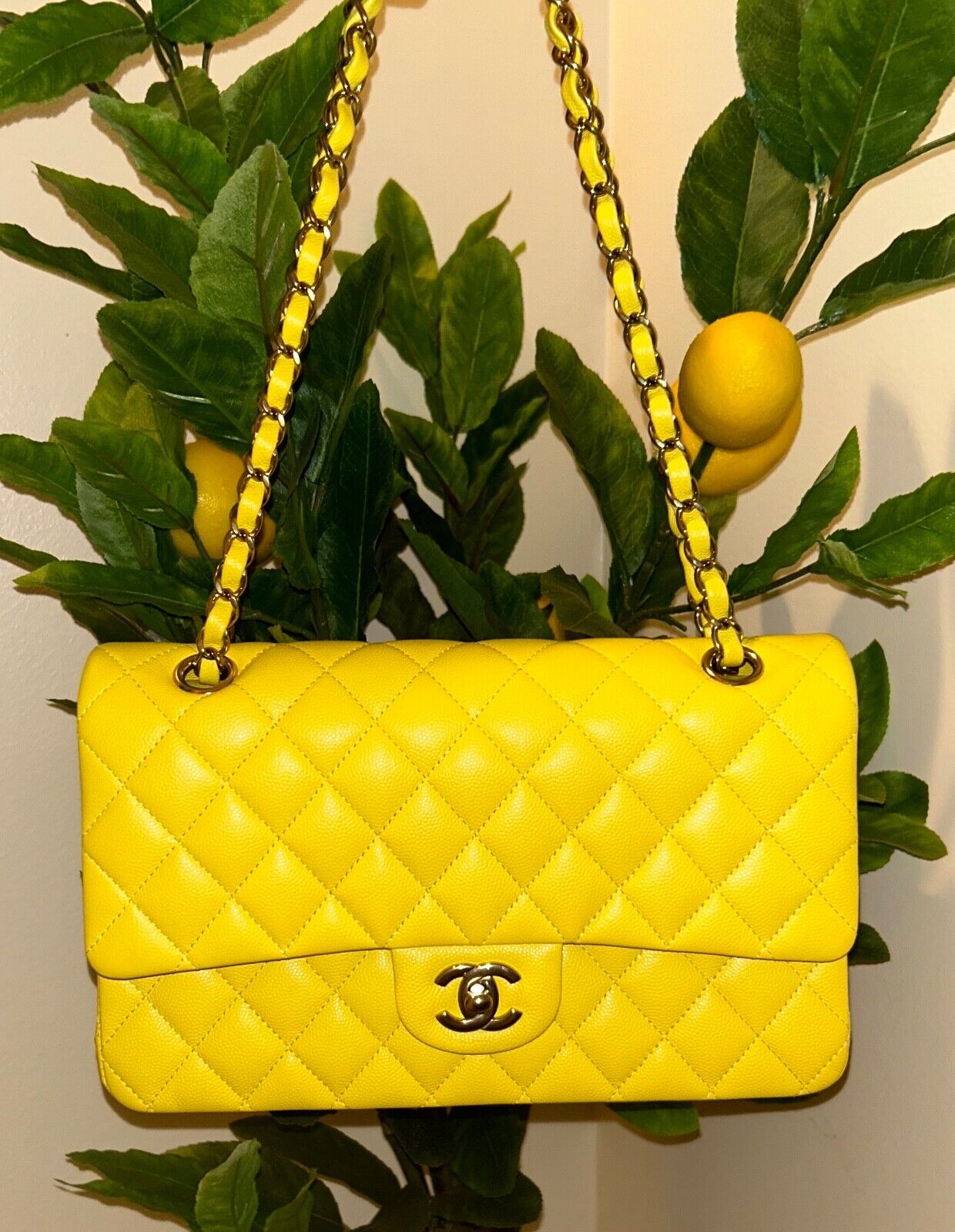 CHANEL 23C Medium Classic Double Flap Caviar Leather Handbag Yellow/Light Gold