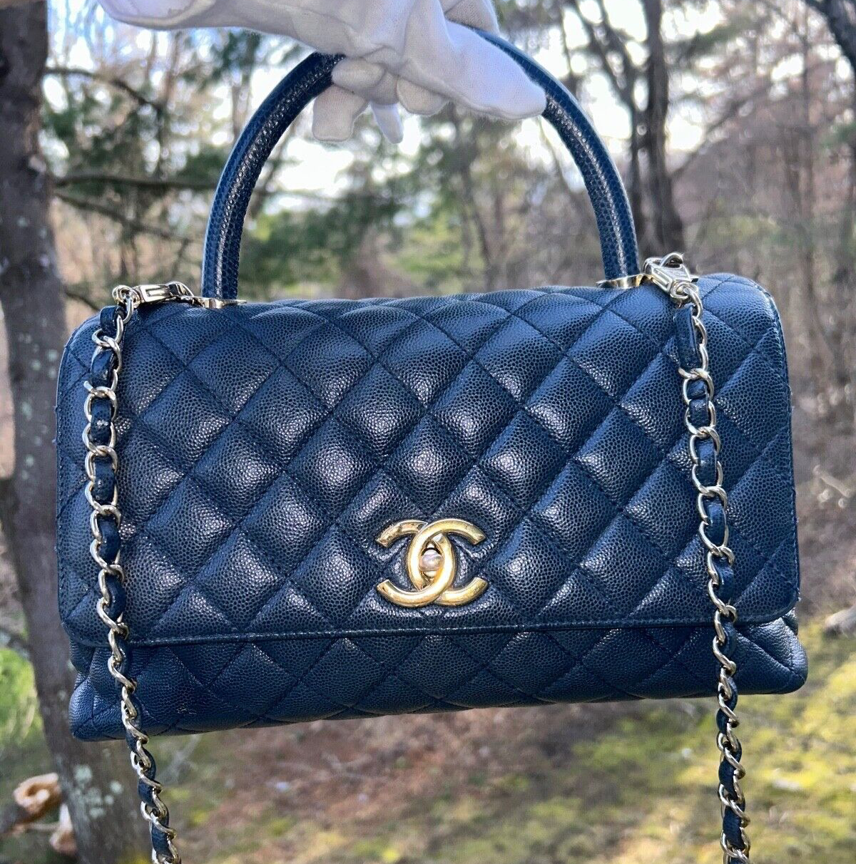 CHANEL 21A Quilted Caviar Coco Handle Flap Bag Lizard Embossed Navy/Gold HW