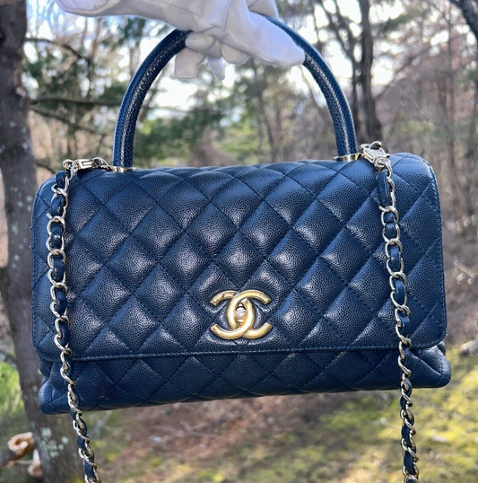 CHANEL 21A Quilted Caviar Coco Handle Flap Bag Lizard Embossed Navy/Gold HW