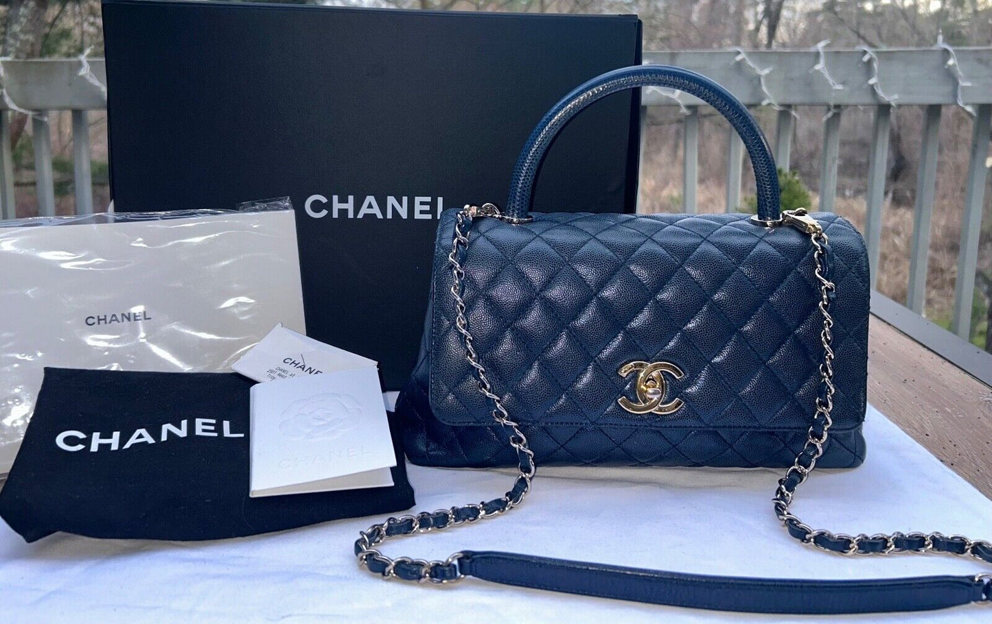 CHANEL 21A Quilted Caviar Coco Handle Flap Bag Lizard Embossed Navy/Gold HW