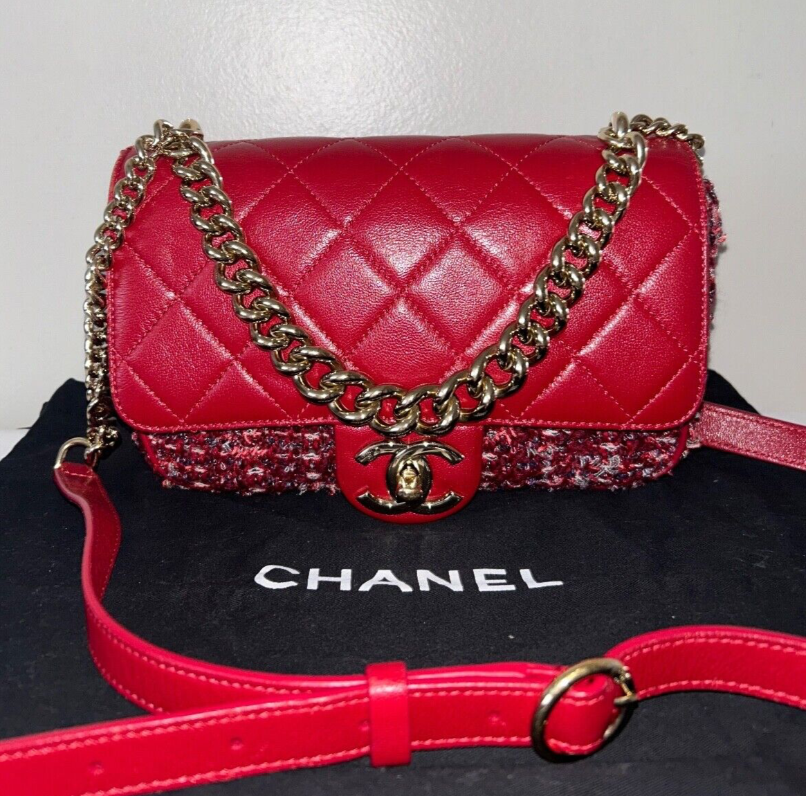 CHANEL Classic Small Tweed Lambskin Quilted Flap Crossbody Bag Red/Gold