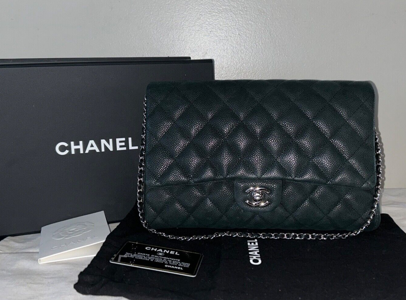 CHANEL Classic CC Quilted Single Flap Shoulder Bag Caviar Leather Black