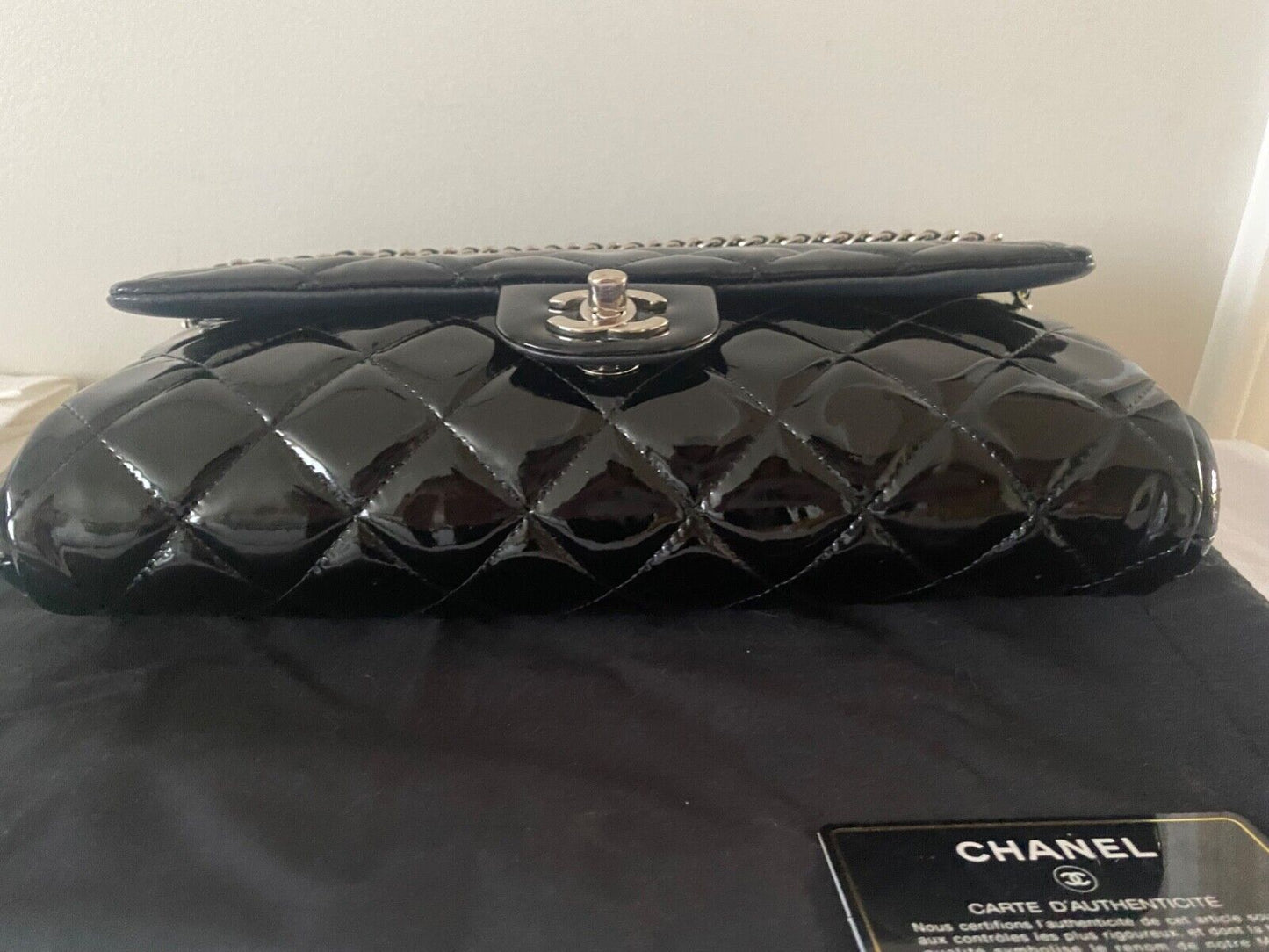 CHANEL Classic CC Quilted Chain Flap Shoulder Bag Patent Leather Black