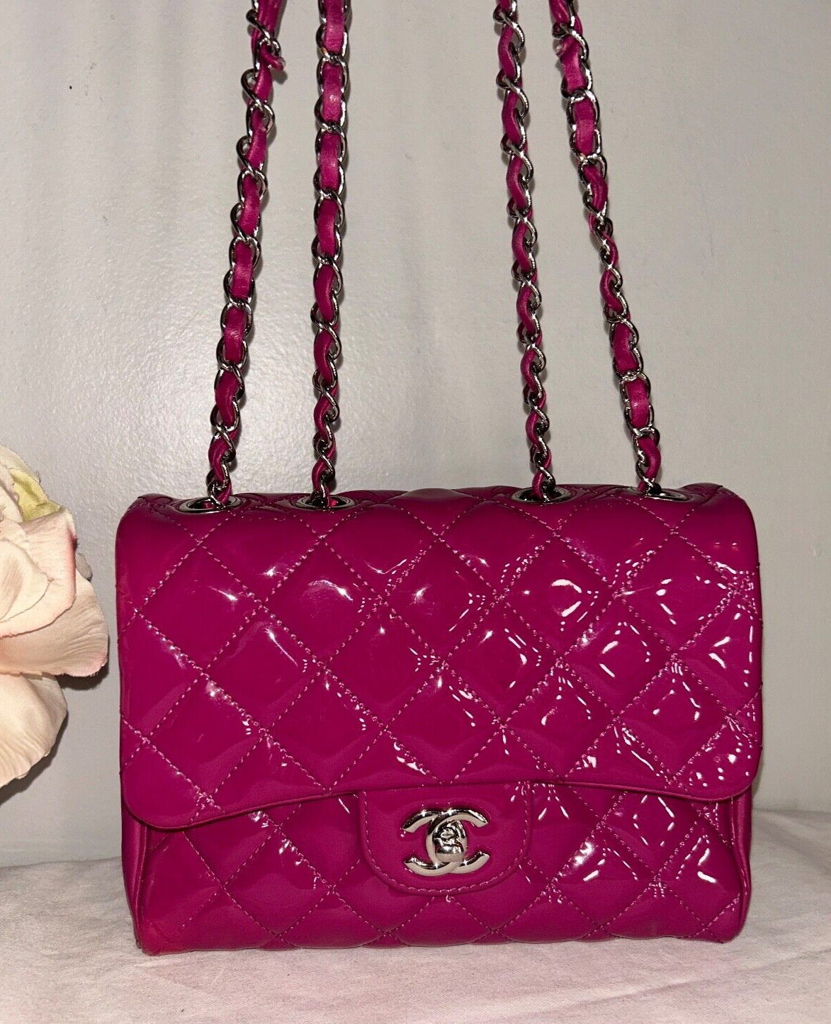 CHANEL Classic CC Crossbody Flap Bag Quilted Patent Leather Fuchsia Pink