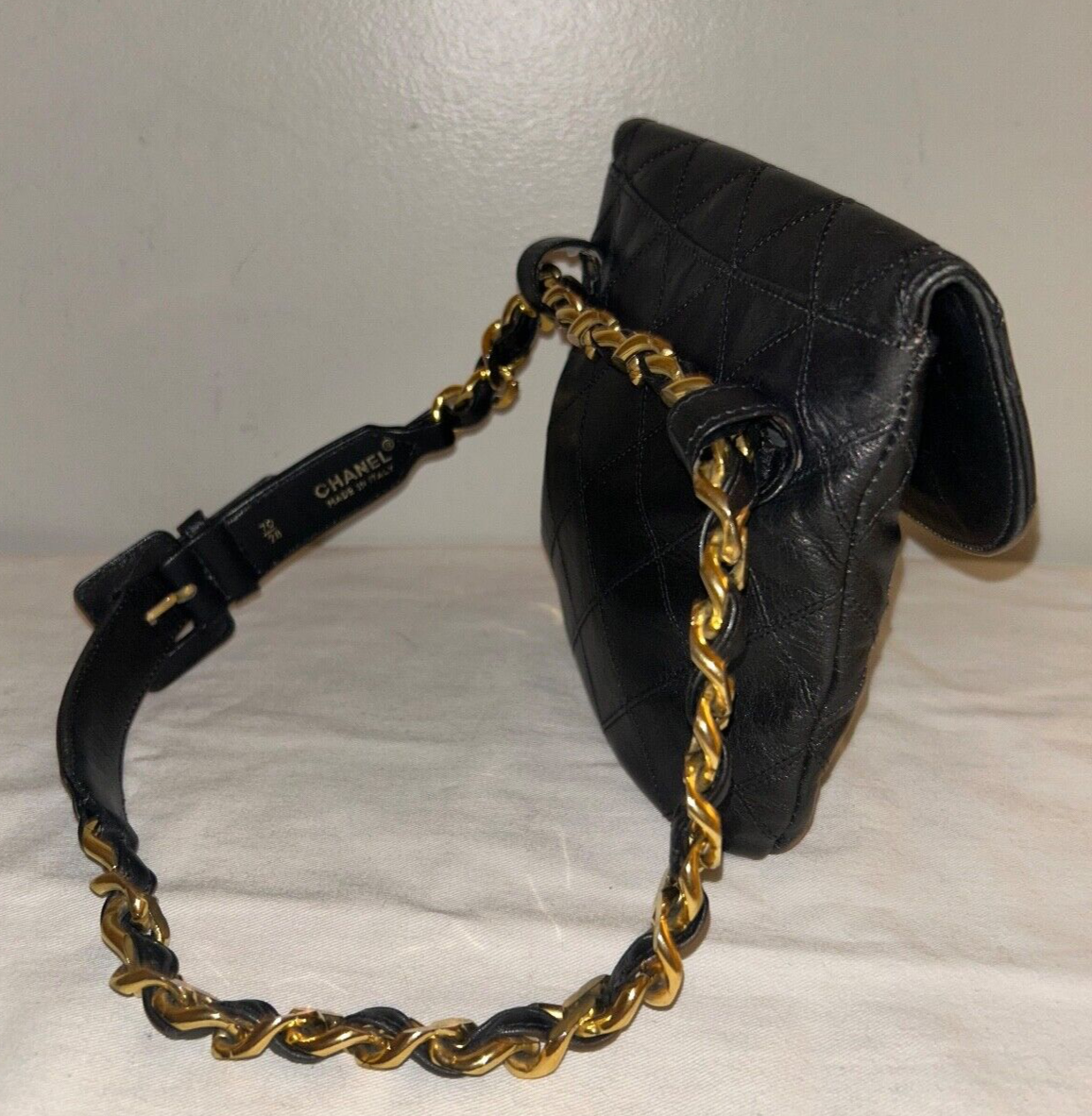 CHANEL CC Quilted Lambskin Chain Waist Flap Belt & Shoulder Bag Black/Gold