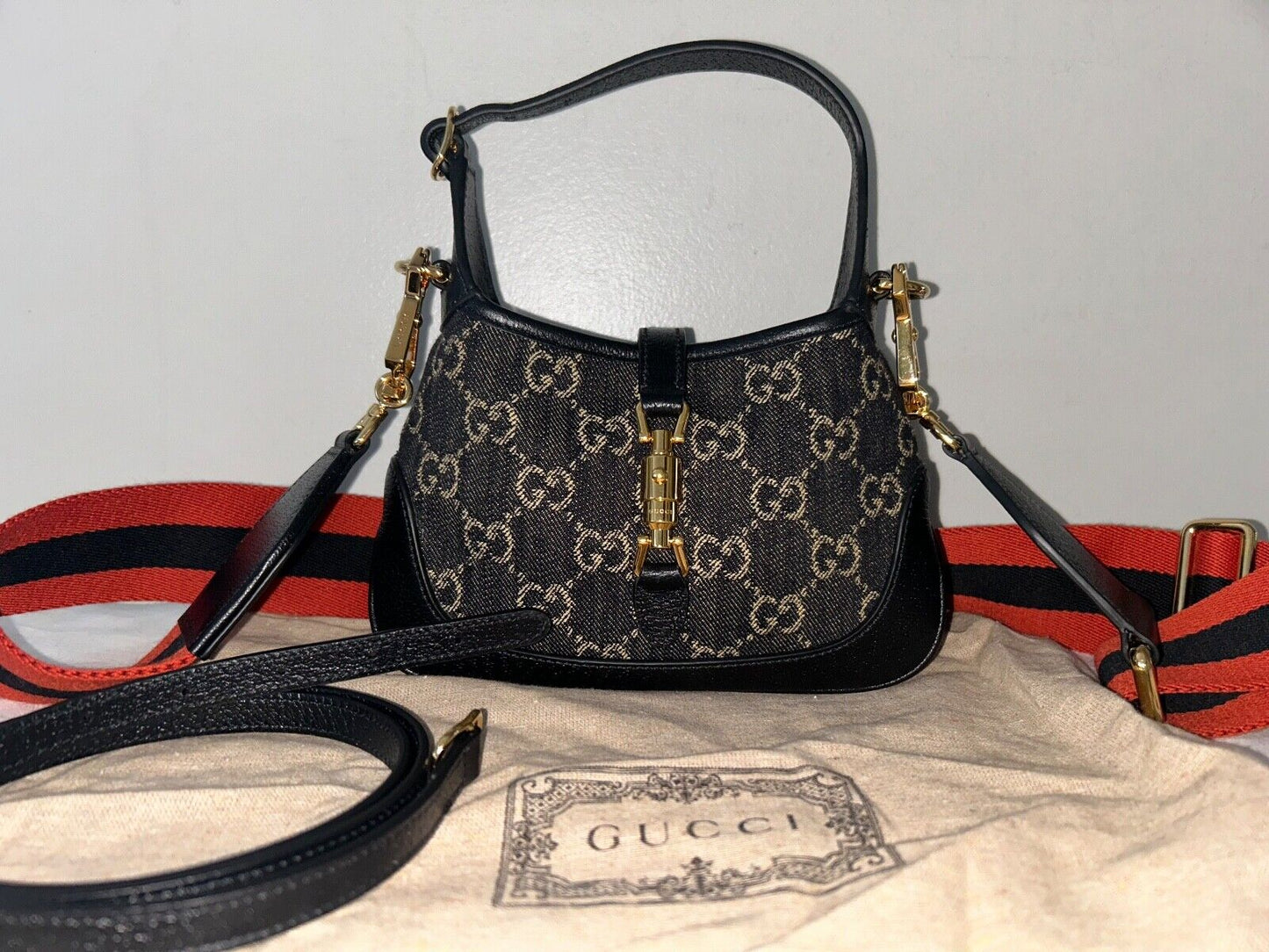 GUCCI Jackie 1961 Mini Shoulder Bag Black & Ivory GG Supreme Denim/Leather