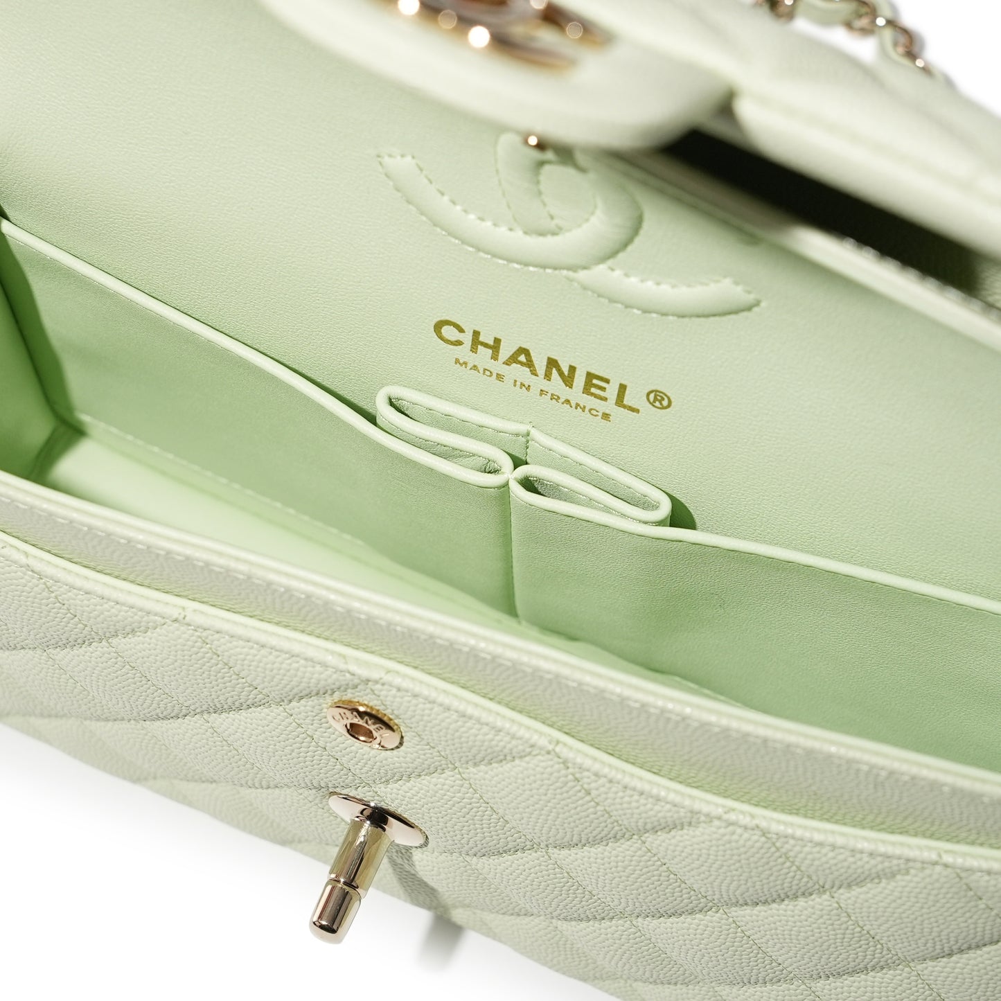 CHANEL 22C Small Classic Double Flap Caviar Handbag Mint/Light Gold HW